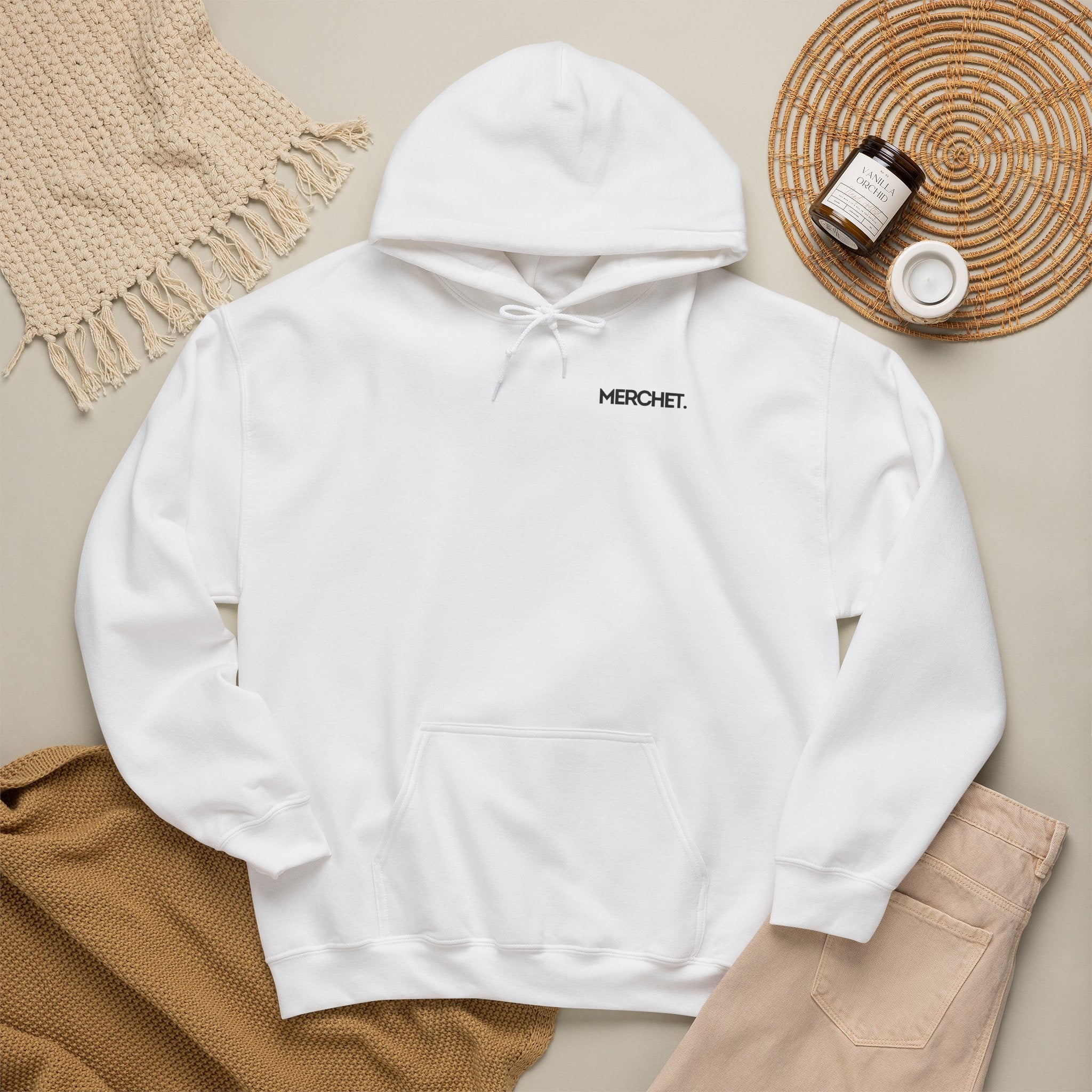 Minimal 'MERCHE.' Chest Logo Hoodie — White Casual Streetwear Pullover