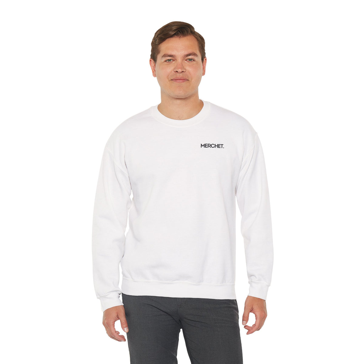 Crewneck Sweatshirt — Minimal "MERCHET." Chest Logo, Clean White Cozy Pullover