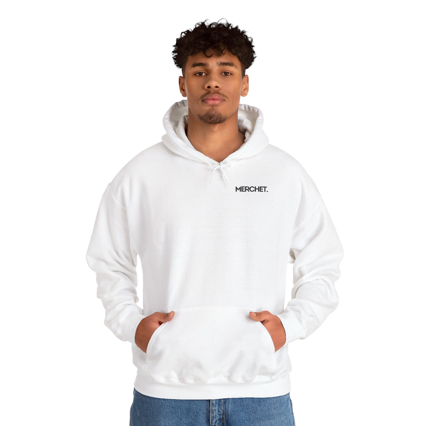 Minimal 'MERCHE.' Chest Logo Hoodie — White Casual Streetwear Pullover
