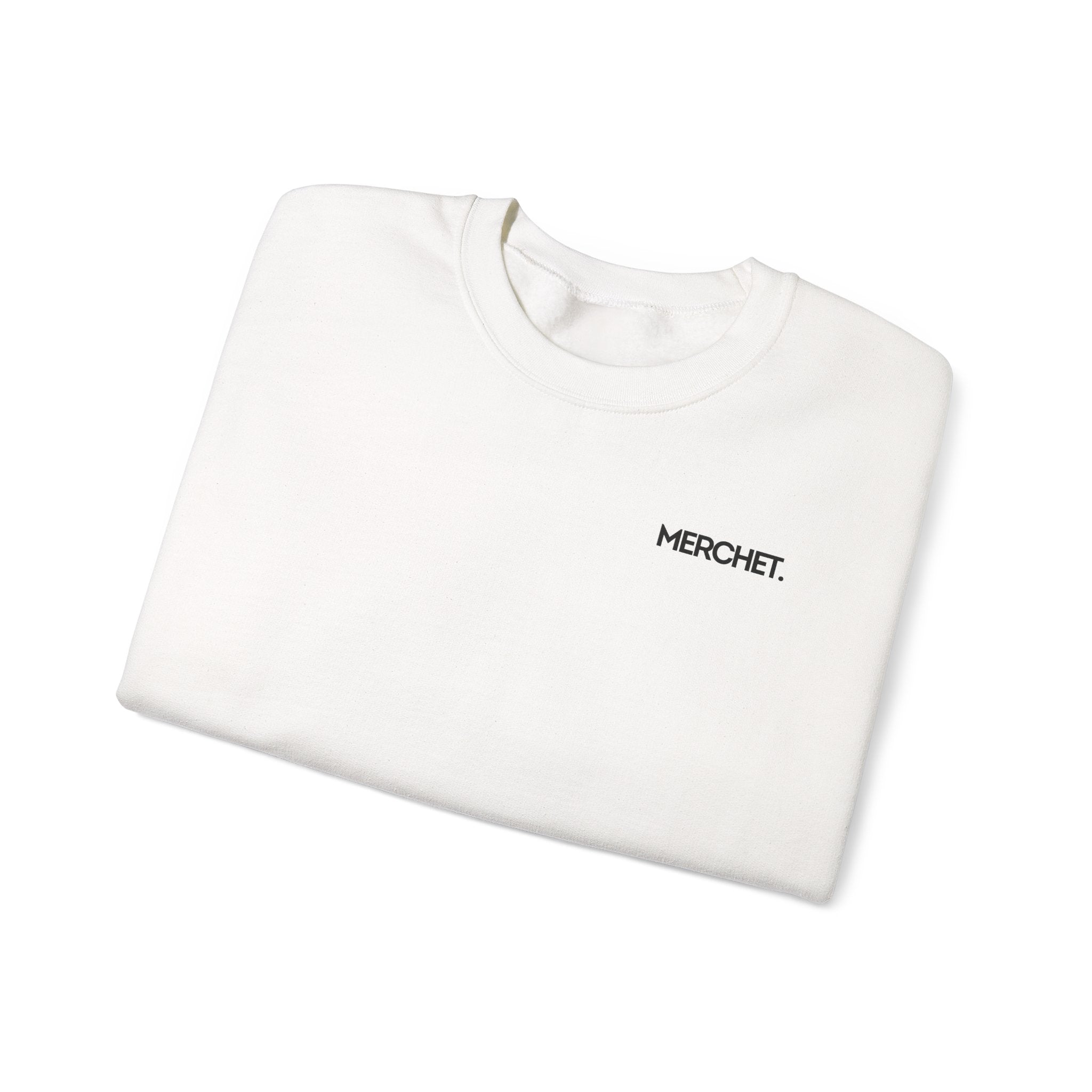 Crewneck Sweatshirt — Minimal "MERCHET." Chest Logo, Clean White Cozy Pullover
