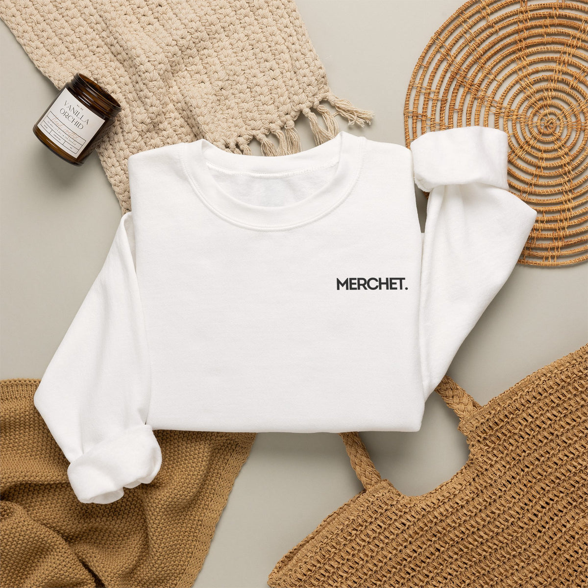Crewneck Sweatshirt — Minimal "MERCHET." Chest Logo, Clean White Cozy Pullover