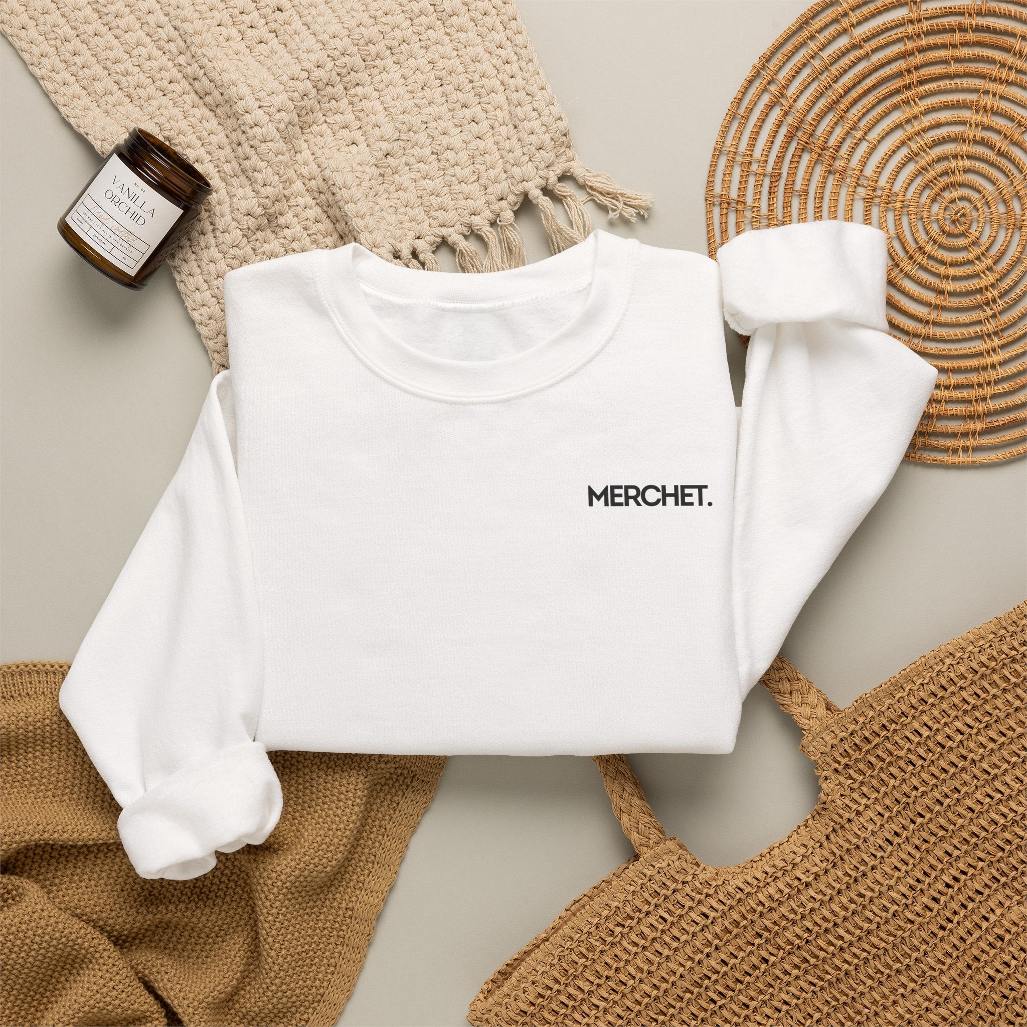 Crewneck Sweatshirt — Minimal "MERCHET." Chest Logo, Clean White Cozy Pullover